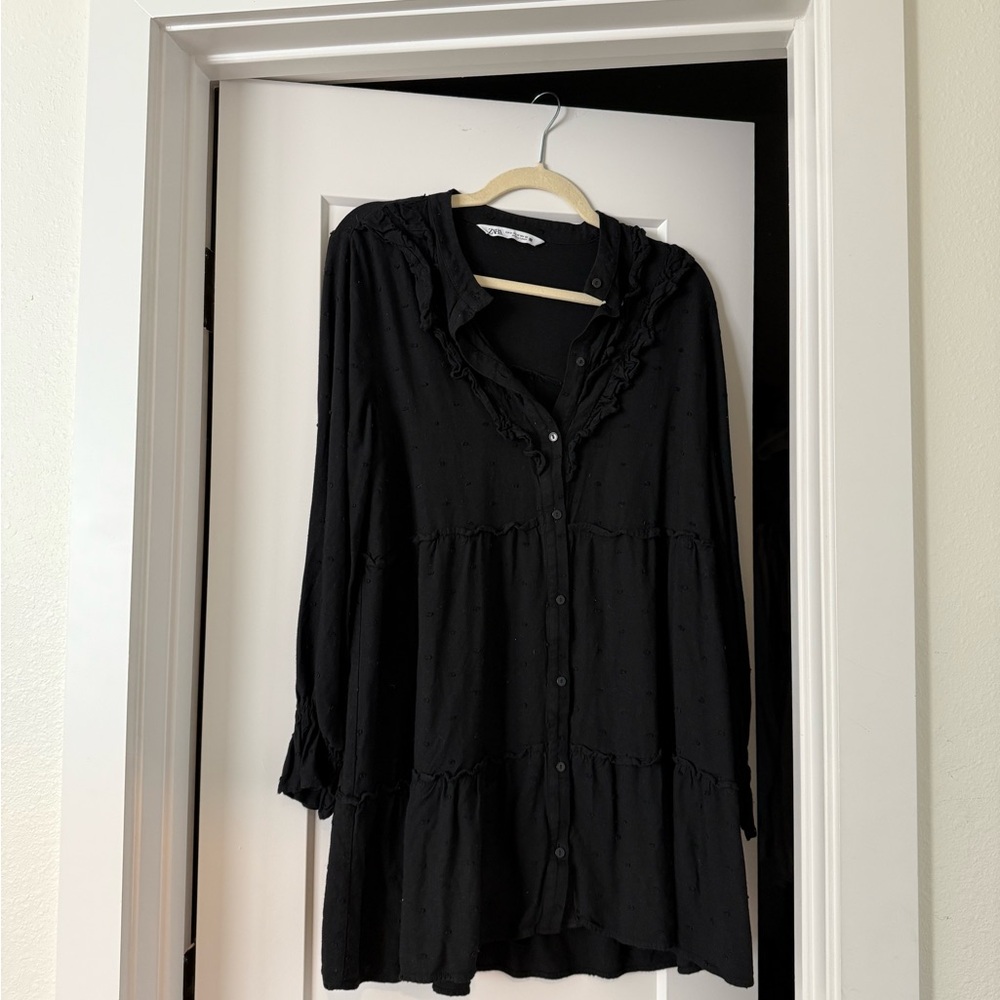 Zara Black Ruffled Button-Up Dress